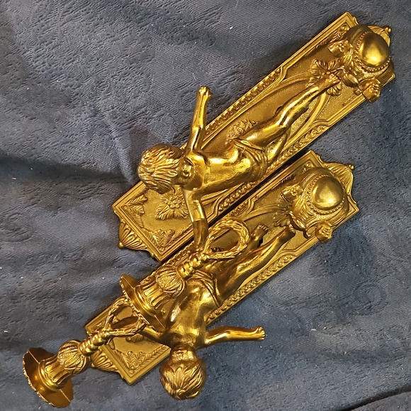 Lancini Italian Antique Brass Cherub Wall Sconce Candle Holders - Picture 6 of 11